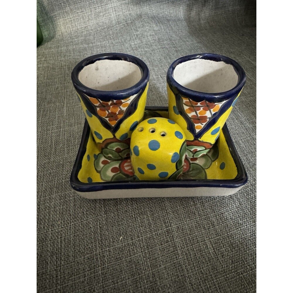 Mexican Talavera Tequilero Set  2 Tequila Glasses Salt Shaker Tray Hand Painted